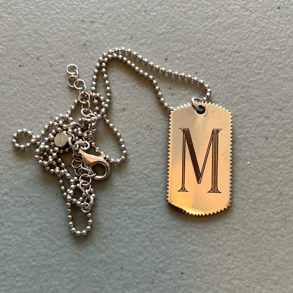 Sterling Silver Initial 'M' Dog Tag Necklace New in Box.